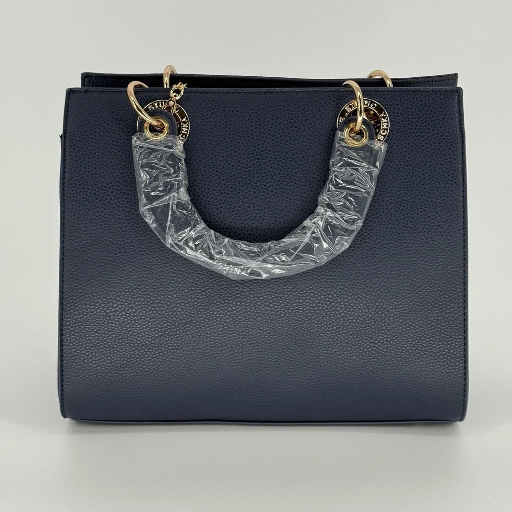 Studio Badgley Mischka‎ Navy Vegan Leather Satchel Bag Top Handle Charm $129